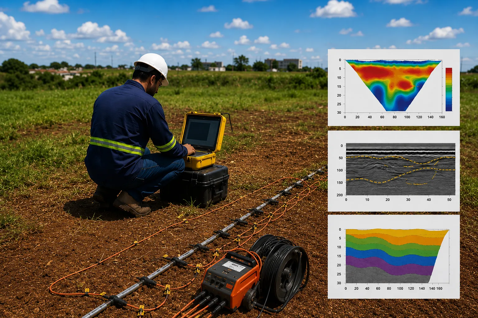 Técnico executando estudo geofísico do solo com equipamentos de campo