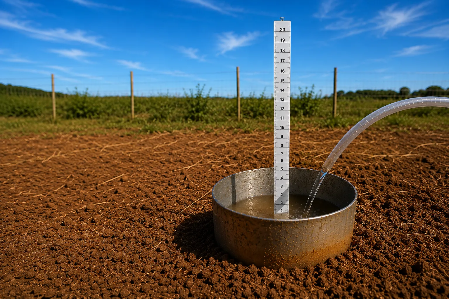 Ensaio de percolação do solo com anel, régua e alimentação de água