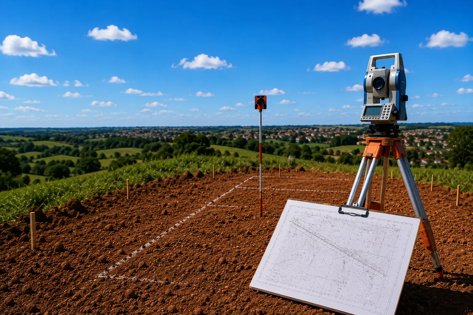 Estação total e planta de levantamento planialtimétrico em campo