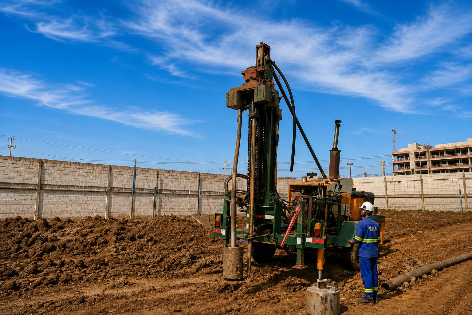 Equipamento de sondagem rotativa operado em área de campo