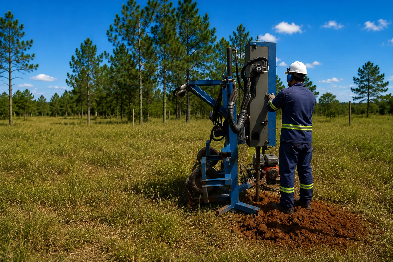 Equipamento e equipe executando sondagem SPT em obra
